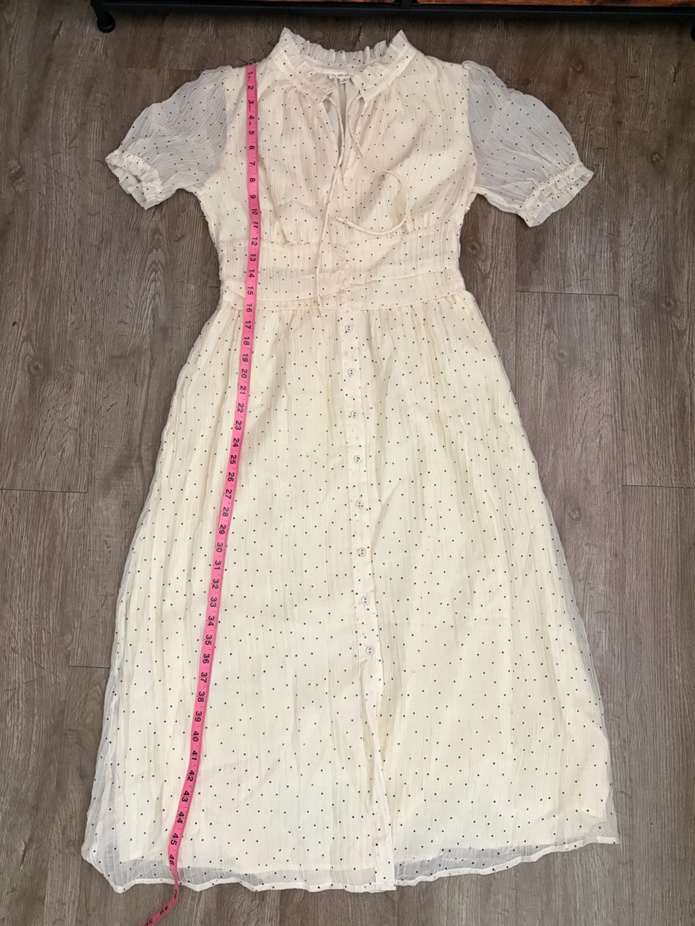 Cream Polka Dot Puff Sleeve Smocked Midi Dress Medium Boho Prairie Cottagecore - Picture 8 of 9
